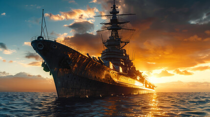 Majestic view of a vintage battleship moving forward under the stunning colors of sunset sky reflecting on ocean waves
