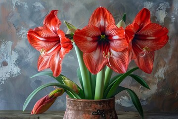 Amaryllis Flower Botanical Illustration, Hippeastrum Pot Flowers Realistic Painting, Amaryllis Botanical