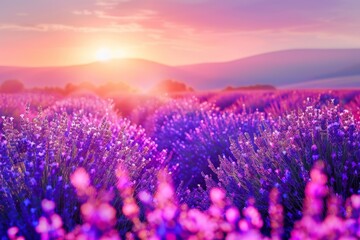 Obraz premium Lavender Field at Sunset, Purple Flowers Landscape, Morning Lavender Fields, Copy Space