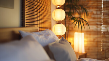 Unfocused image of a cozy modern bedroom highlighting the ambiance created by lit bedside lamps