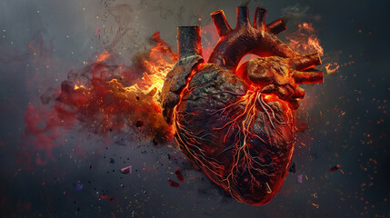 A 3D rendering of a heart made of stone with cracks glowing with lava.