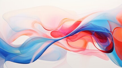 An abstract design featuring flowing lines and swirling shapes in shades of red and blue,