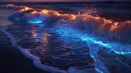 A Wave Rolls in on the Beach at Night