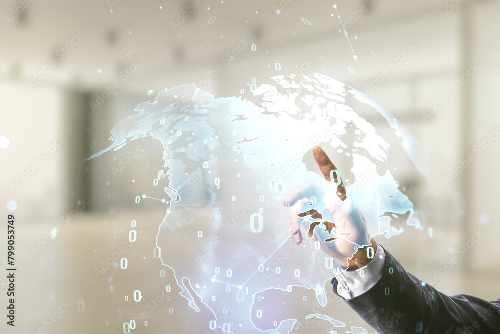 Poster double exposure of male hand presses on abstract programming language and world map on blurred offic