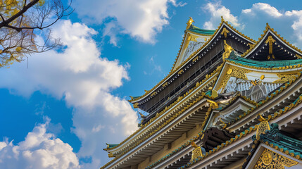 Beautiful Japanese castle showcasing traditional architecture with intricate details against a blue sky