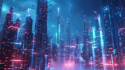 A digital painting of a cyberpunk city at night. The city is full of tall buildings, neon lights, and flying cars. The sky is dark and there are stars in the distance.