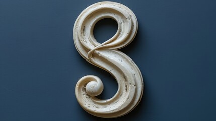   A tight shot of a sculpted letter S against a blue backdrop, the S centrally positioned