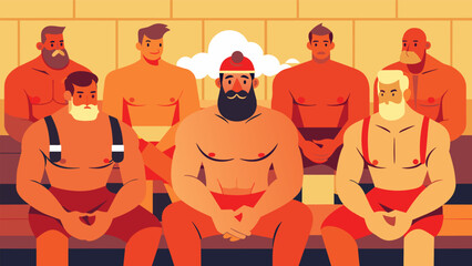 The huge muscular firefighters look almost serene as they sit in the sauna an unlikely contrast to the intense and chaotic lives they lead as first. - obrazy, fototapety, plakaty