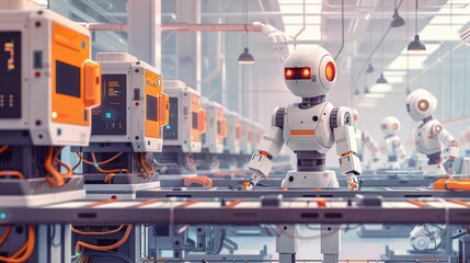 Robot Standing in Factory With Machines