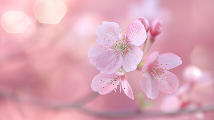 Delicate pink cherry blossoms shot with a dreamy bokeh effect to emphasize the softness and romance of spring
