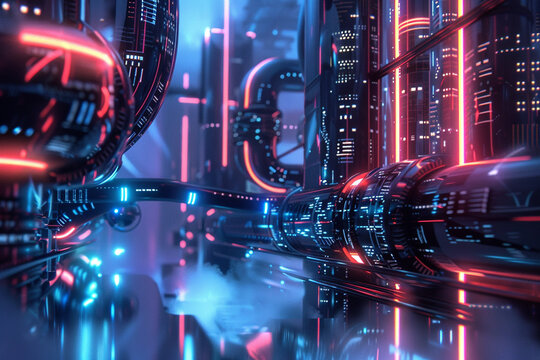 A futuristic city with blue and red neon lights