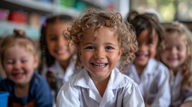 a group of various nationalities preschool kids doing science experiments