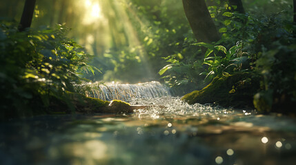 Mystical and serene forest scene with a miniature waterfall and sparkling light reflecting on the water surface