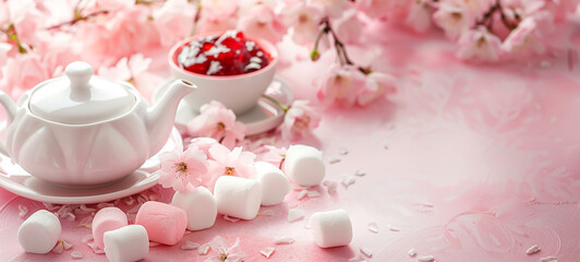 Spring Tea Time Setup with Cherry Blossoms and Marshmallows. Elegant Pink Tea Party Arrangement with Floral Decorations