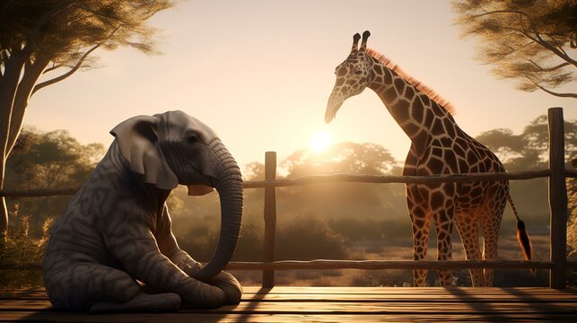 elephant and giraffe in the zoo at sunset,3d render