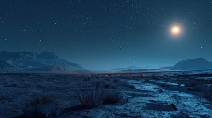 Trekking through an abstract desert at night, with stars twinkling overhead and shadows dancing in the moonlight , superrealistic