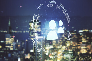 Double exposure of abstract virtual people icons hologram on blurry cityscape background. Online insurance service concept