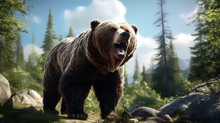 Grizzly bear in the summer forest. 3D rendering