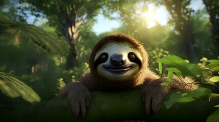 Fototapeta premium Sloth in the jungle. 3d illustration. Funny animal.