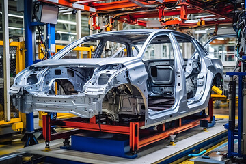 arms assemble a car chassis on an automated production line in a high-tech automotive factory. Generative AI