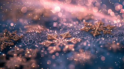Pale pink starlight illuminating intricate patterns of shimmering gold snowflakes against a backdrop of deep indigo stars on a transparent surface.