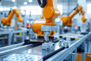 An industrial robot arm is working on an assembly line.