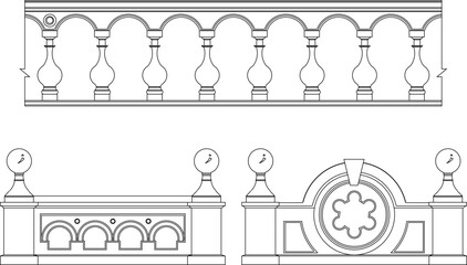 Detailed vector sketch of old vintage classic fence railing illustration