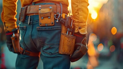 Close-up of construction workers tool belt with various tools on a high-rise construction site.