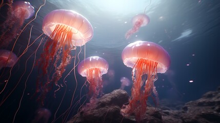 Fototapeta premium Jellyfish swimming in the ocean. 3D rendering. Underwater world.