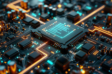 circuit board with glowing orange and blue lights