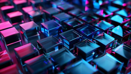 glass cubes in dark blue and pink neon light, abstract background