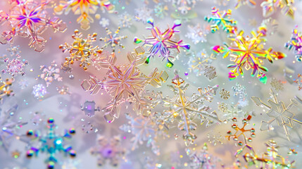 Rainbow holographic snowflakes and iridescent stars on transparent.