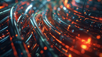 Illustration of glowing orange and yellow cables carrying data.