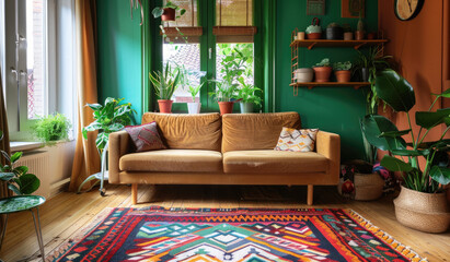 Fototapeta premium Modern living room with a wooden floor, sofa and colorful carpet in an Amsterdam apartment with a green window, plants on a shelf, interior design of home decor