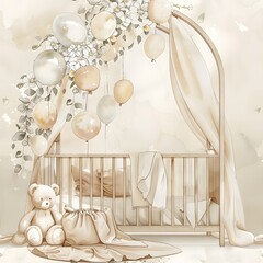 watercolor beige baby nursery with balloon arch