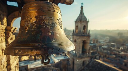 Fototapeta premium Closeup of a large bell ringing loudly in a historical tower, resonating sound waves visible against a clear sky