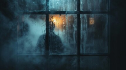 A shadowy figure peering through a fogged window at night, creating a suspenseful and frightening home alone scenario