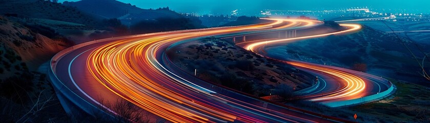 An aerial view of traffic on a curvy highway at dusk, showing the flowing movement of headlights in a continuous stream