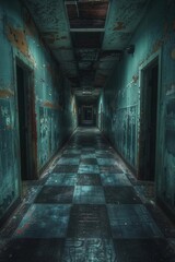 An abandoned asylum hallway with flickering lights, where shadows seem to move just beyond the edge of vision, intensifying a sense of dread