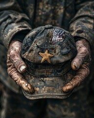 Fototapeta premium Closeup of a veterans hands holding an old and worn service cap, symbolizing years of service and sacrifice
