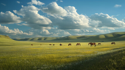 A serene pasture scene with horses grazing amidst rolling hills under a soft sunset sky casting warm light