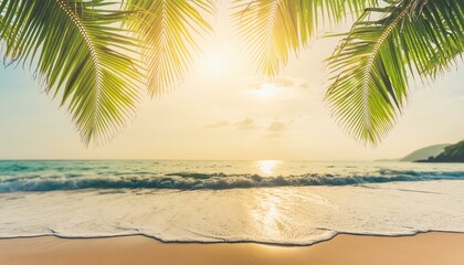 Fototapeta na wymiar Beachfront Beauty: Blurred Palm Leaf on Tropical Shoreline