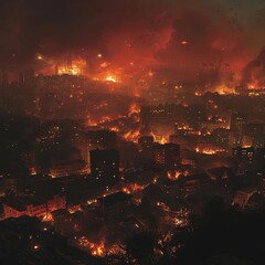 Nighttime panorama of a city with sections ablaze, showing contrast between affected and unaffected areas, highlighting disaster scale