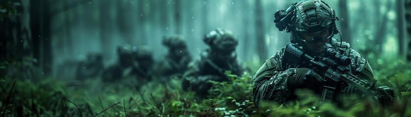 Night vision view of a special forces team quietly advancing through a dense forest during a covert mission
