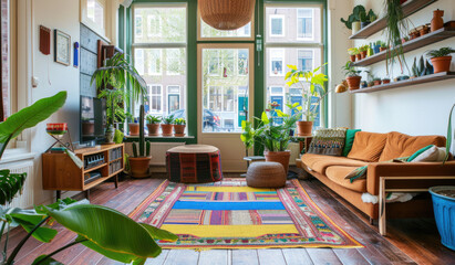 Modern living room with a wooden floor, sofa and colorful carpet in an Amsterdam apartment with a green window, plants on a shelf, interior design of home decor
