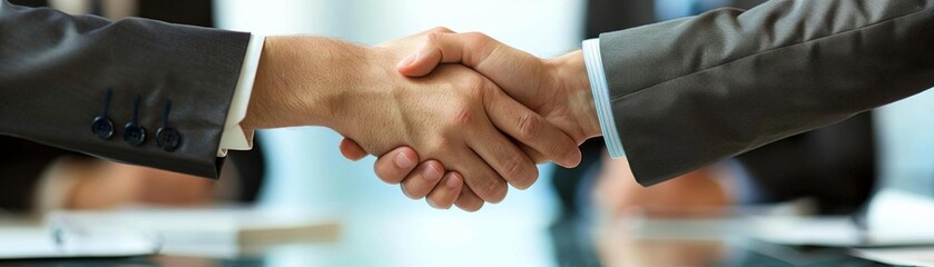 Two business partners shaking hands over a conference table, with signed contracts and a smiling team in the background, symbolizing mutual trust