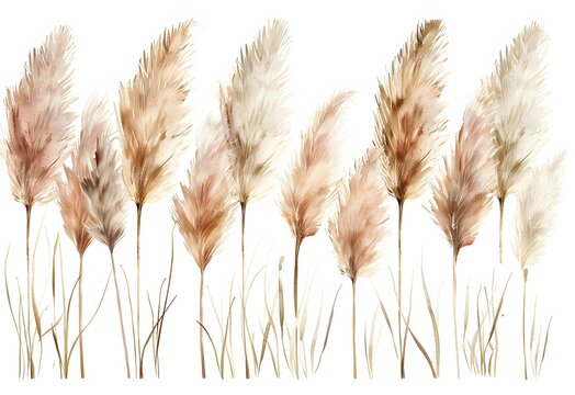 watercolor pampas grass stems, neutral tones clip art preview