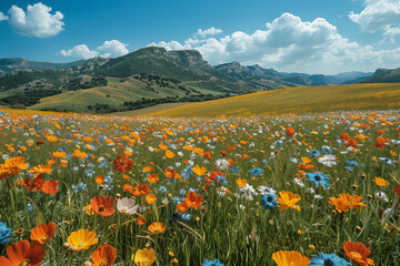 mountain glade full of multicolored flowers, clear sky with white clouds