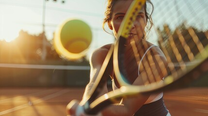 Intense Athleticism Close-Up of Female Tennis Player Playing on Sunny Outdoor Tennis Court

