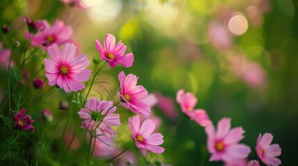 Obraz premium Pink flowers in a field with a blurred backdrop